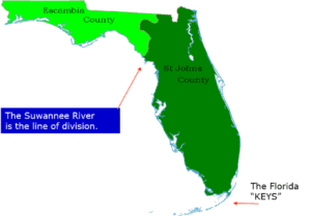 Graphic map of Florida showing Escambia County and Saint John’s County separated by the Suwannee River as well as the Florida 
