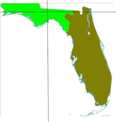 Graphic map of Florida in 1824 showing the intersection of the Latitude Base Line (east west line) and the Tallahassee Meridian Line (north south line) that creates four quarters or four “Ranges”.