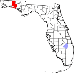 Current map of Florida showing all its Counties borders, with Walton County shown in RED and Lake Okeechobee in lite purple.